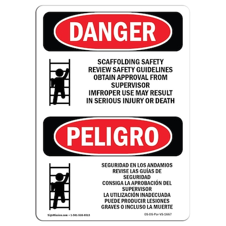 Signmission OSHA Danger, Scaffolding Safety Guidelines Bilingual, 7in X 5in Decal, 5" W, 7" L, Bilingual Spanish OS-DS-D-57-VS-1667